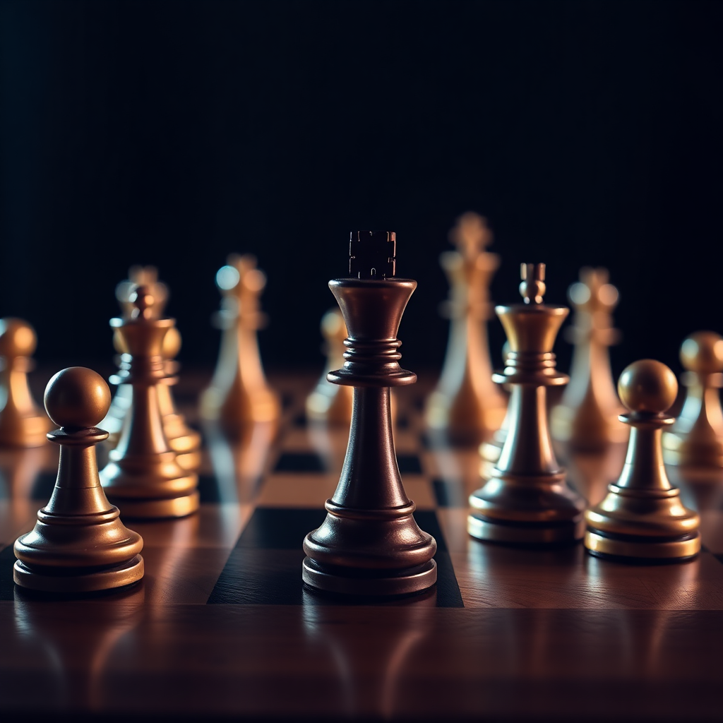 Elegant chess pieces on wooden board in dramatic lighting, corporate law concept